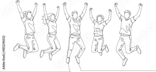 Modern continuous line art vector illustration of a diverse group of happy young people jumping for joy to celebrate success and freedom.