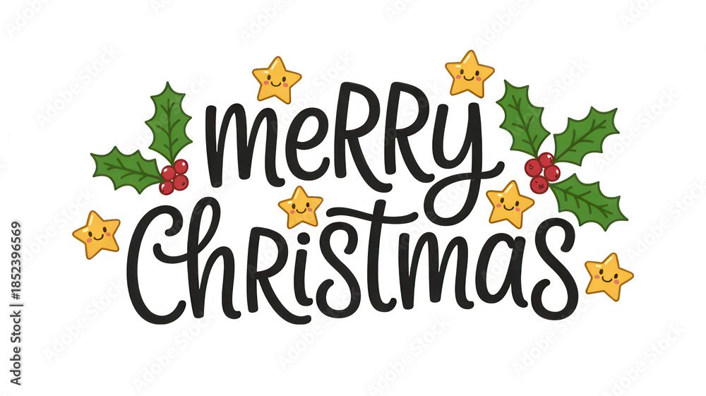 Fototapeta premium Merry christmas hand drawn lettering with holly and stars decoration isolated on transparent background
