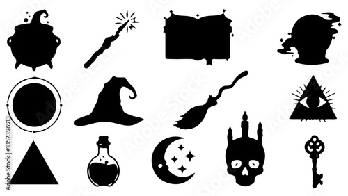 A collection of mystical symbols and magical objects silhouetted against a white background from a straightforward viewpoint