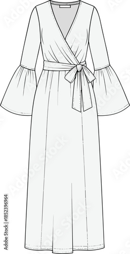 Women wrap maxi dress fashion flat sketch long bell sleeve tie waist apparel design cad drawing flat vector illustration