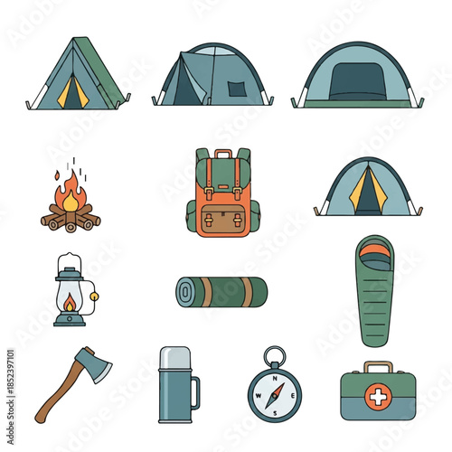 Camping Equipment Icons Set for Outdoor Adventures.