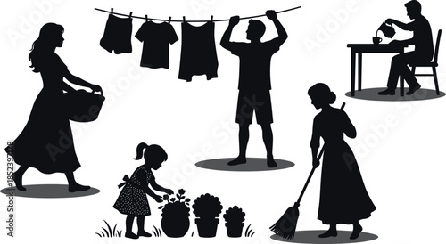 Family daily life silhouettes, laundry hanging, gardening child, sweeping floor, tea drinking, household chores, minimalist black lifestyle illustration