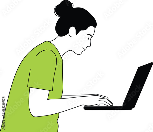 Modern flat vector illustration of a young woman with a hair bun wearing a green shirt working intently on her laptop for digital lifestyle concepts.