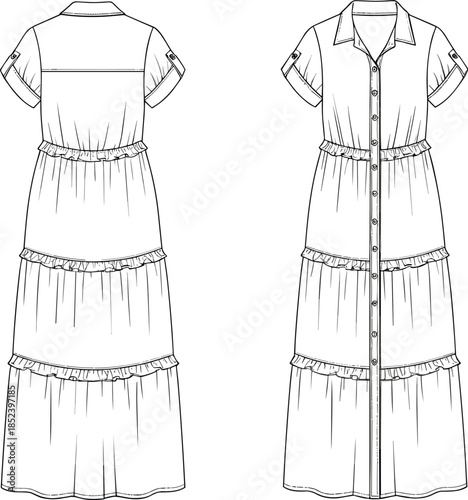 Women button down tiered maxi dress fashion flat sketch front back view apparel design template cad drawing flat vector illustration