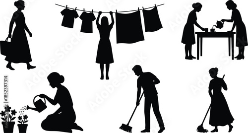 Family household daily activities silhouettes, laundry drying, tea making, gardening plants, floor cleaning, domestic routine, minimalist black illustration
