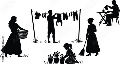 Family household daily activities silhouettes, laundry hanging, cleaning home, child gardening, tea drinking, domestic routine, black vector illustration