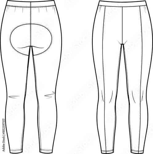 Women leggings technical flat, front and back view, activewear apparel cad drawing flat vector illustration for fashion design