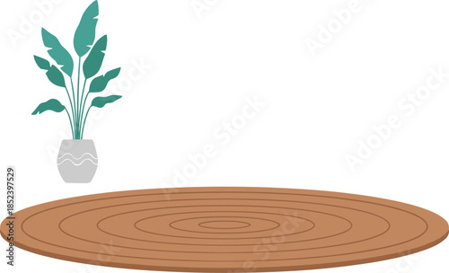 Modern minimalist interior flat vector with a circular wooden rug and a large green potted plant on a white background.