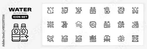 Water Related Line Icon Set, Outline Symbols for Hydration, Nature, Conservation, Plumbing, and Ecology. Vector Sign Icons Pack.