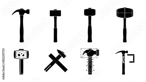 Various Hammer Silhouettes Vector Icon Set Black Construction Tools Collection EPS10 Stock.eps