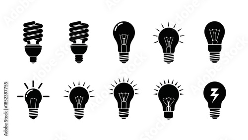 Vector Black Light Bulb Icons Energy Saving Incandescent and Idea Symbols EPS10 Stock.eps