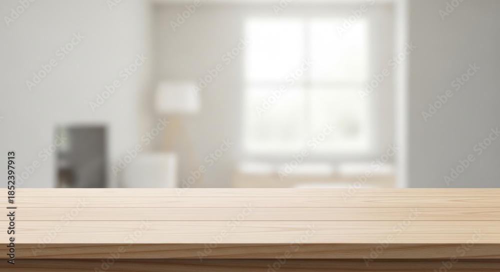 Fototapeta premium A wooden table top in a modern, minimalist living room with a window and a lamp.