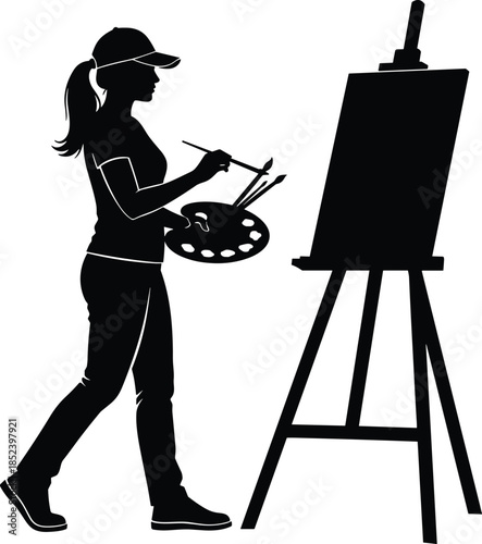 Female artist silhouette painting on easel, woman holding palette and brushes, creative art process, professional painter illustration