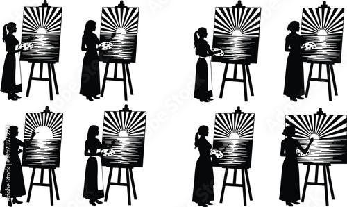 Female artist painting sunset silhouette, woman painter at easel, creative process illustration, fine art studio concept, black vector
