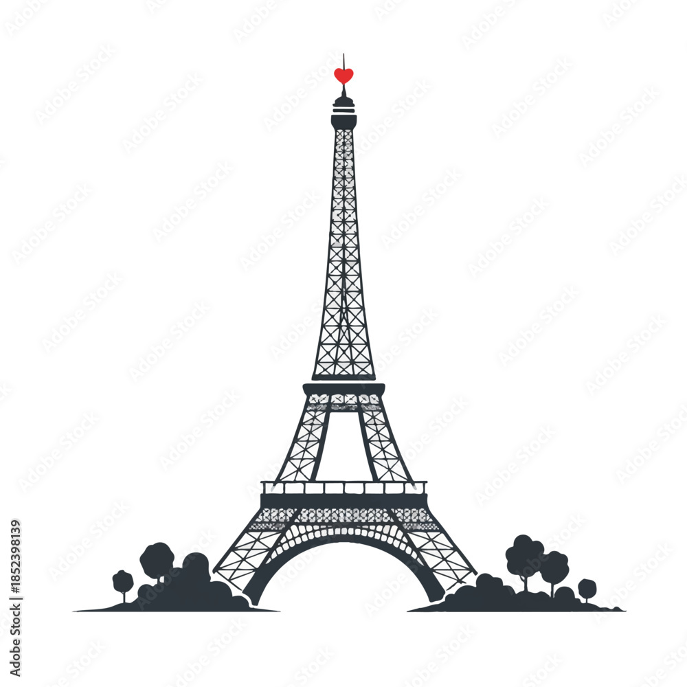 Fototapeta premium Eiffel Tower Illustration with Red Heart.