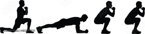 Fitness exercise silhouettes sequence, man performing lunges plank and squat workout, strength training poses, black sport illustration isolated on white background