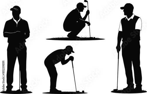 Golfer silhouette collection, man playing golf standing putting and crouching poses, black sports figures isolated on white background