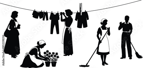 Housework silhouette scene, women doing laundry cleaning gardening and daily chores, domestic life activities, black vintage human figures isolated on white background