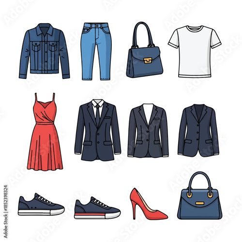 Fashion Clothing and Accessories Illustration Set.