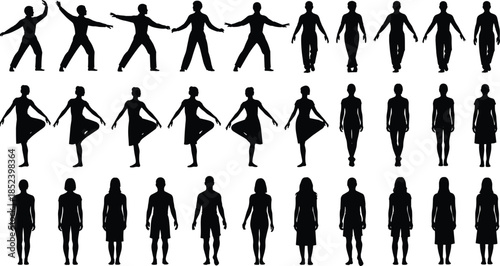 Human body movement silhouettes set, male female walking dancing standing poses, black people icons collection, isolated on white background