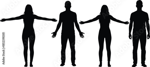 Human body standing pose silhouettes, male and female figures with open arms, front and back view, isolated on white background