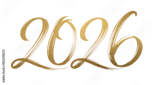 Elegant gold brush script calligraphy for the year 2026 isolated on transparent background