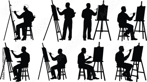 Male artist painting silhouette set, man drawing on easel, standing sitting poses, creative painter illustration collection