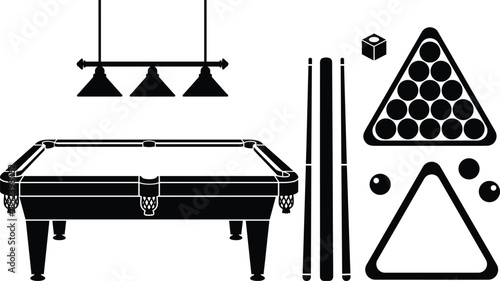 Billiards pool table silhouette set, cue sticks balls rack, snooker game equipment icons, recreation sport leisure isolated vector illustration collection