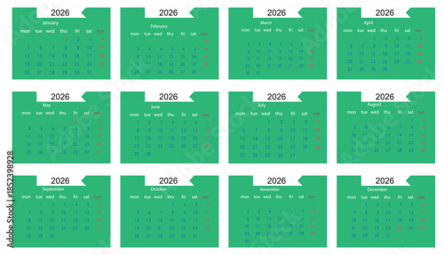 2026 calendar template. Corporate and business planner diary. The week starts on Monday. Set of 12 months of pages.