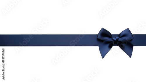 Sophisticated navy blue satin ribbon horizontally stretched with a decorative bow on a deep black background, ideal for elegant celebration and holiday marketing promotions.