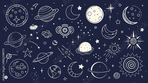Celestial illustration of planets and stars
