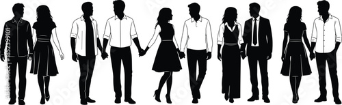 Black silhouette collection of romantic couples walking and holding hands in casual and formal clothing isolated on white background for design