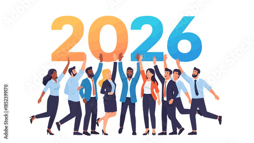 Diverse business people celebrate 2026 success with raised hands on white