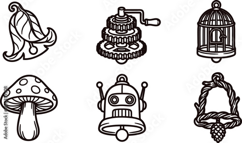 black and white illustrations of various objects including leaf mushroom robot and cage