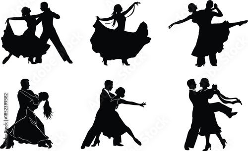 Elegant ballroom dancing silhouette collection featuring couples performing tango and waltz performances isolated on white background for artistic dance design