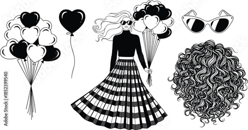 Fashion woman with heart balloons and curly hair line art collection for Valentine Day and birthday celebration isolated on white background