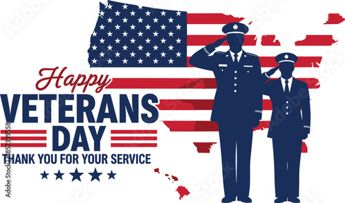 Happy Veterans Day greeting card with military officer silhouettes saluting in front of USA flag map on white background,