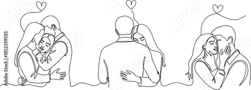 Intimate couple continuous line art collection featuring lovers hugging and kissing with heart symbols isolated on white background for wedding,