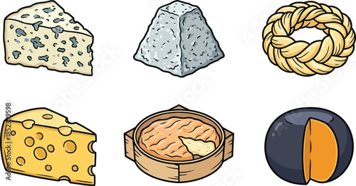 Food icons including cheese stone bread and dumplings on white
