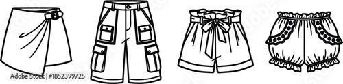 Four different styles of skirts and shorts for fashion illustration