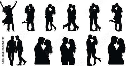 Mega collection of romantic couple silhouettes featuring lovers kissing and holding hands for wedding and Valentine Day design on white background