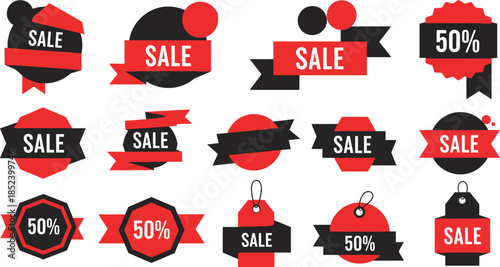 Collection of Red and Black Sale and Discount Tags, Labels, and Banners for Promotions and Special Offers