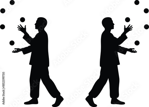 Businessmen juggling balls silhouette set, multitasking balance concept, workload management teamwork skills, professional coordination isolated vector illustration design