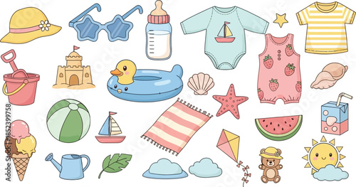 Cute summer baby beach vacation collection with toys, clothes, food, and accessories icons set on white background.