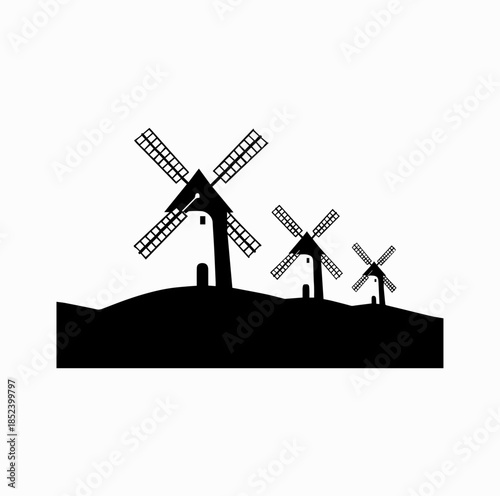 Windmills of La Mancha Silhouette – Don Quixote Spanish Landscape Vector