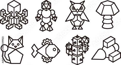 Geometric shapes forming various animals and objects in minimalist line art style