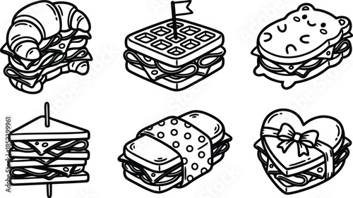 hand drawn sandwiches with different ingredients and shapes  various meal types