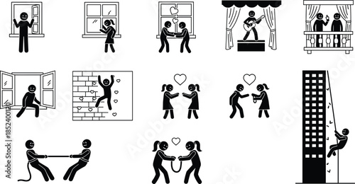 Relationship stick figure collection featuring couples dating climbing walls playing tug of war and romantic balcony scenes on white background,