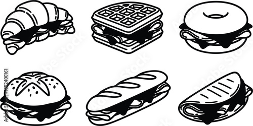 Illustrations of various types of sandwiches and bread on white