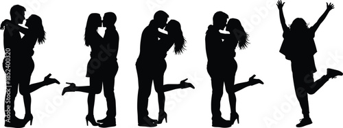 Romantic lovers silhouette collection featuring couples kissing and hugging in various intimate poses isolated on white background for wedding design